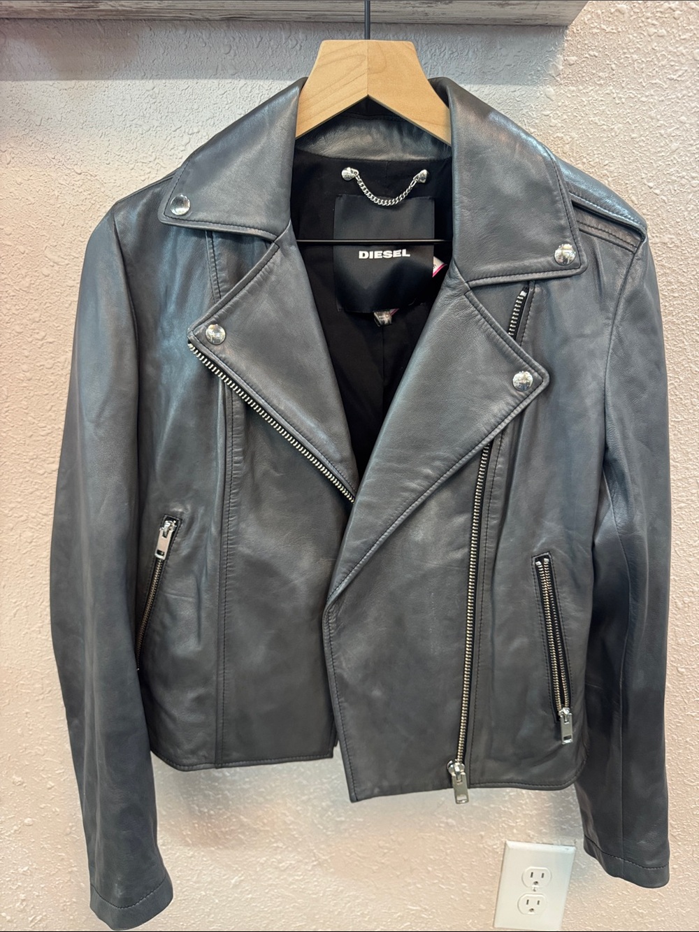 DIESEL Authentic Gray Lambskin Leather Moto Biker Jacket Women’s Small